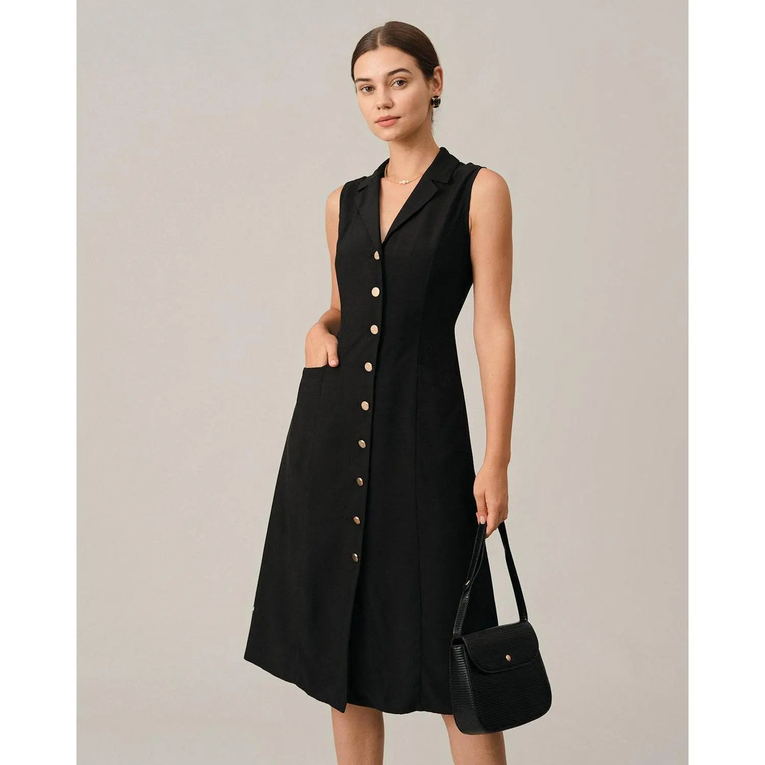 RIHOAS Women's Elegant Solid Polyester Sleeveless High-Waisted Single-Breasted Lapel Collar Midi Work Dress - Stain-Resistant, Business, Dress Casual for Office, Tunic
