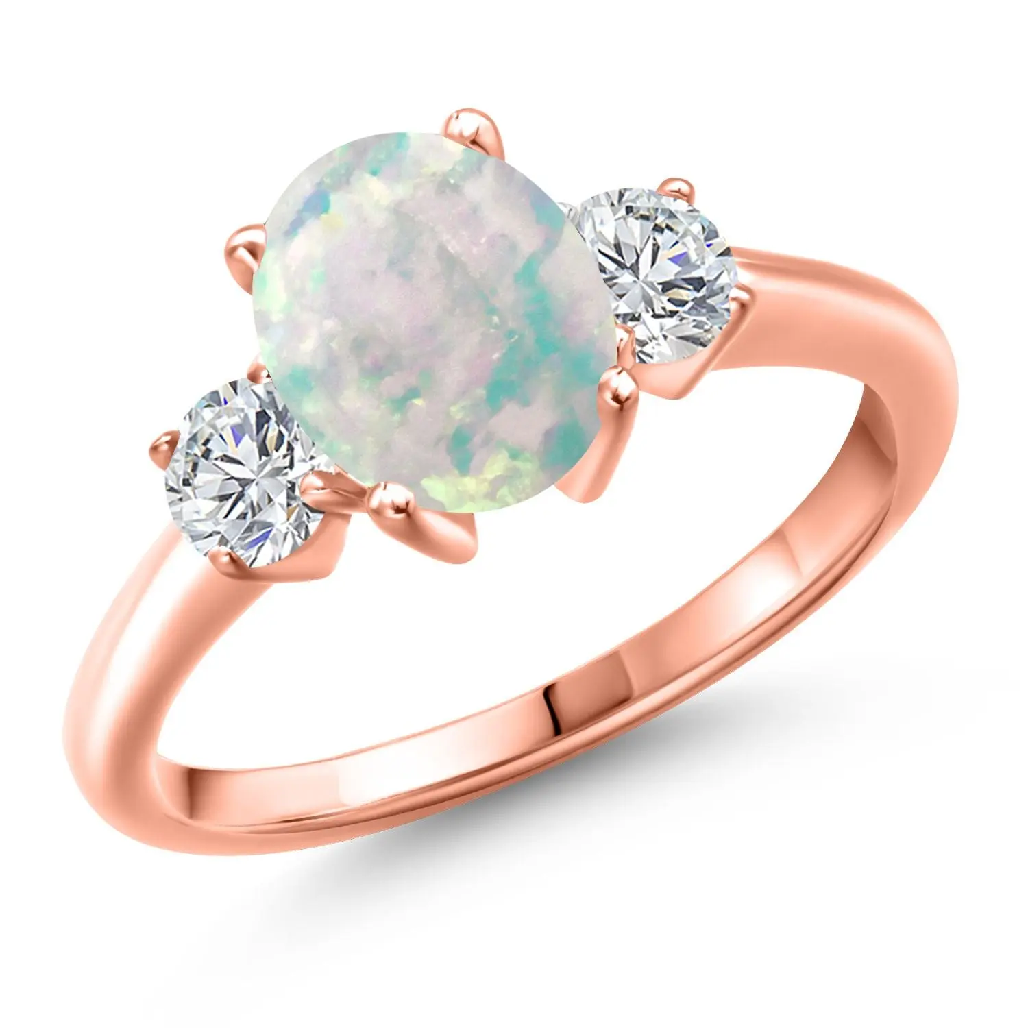 18K Rose Gold Plated Silver Gemstone Birthstone and Lab Grown Diamond 3-Stone Engagement Ring for Women | Oval 9X7MM and Round 4MM | Three Stone Wedding Anniversary Promise Ring | Sizes 5, 6, 7, 8, 9