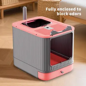 Foldable Cat Litter Box with Lid - Top Exit Anti-Tracking Kitty Litter Tray, Large Enclosed Drawer Type Potty for Indoor Cats, Odor Control & Leak-Proof - Pink/White
