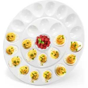 Foraineam 12.6 Inches Porcelain Deviled Egg Tray/Platter, White Egg Dish with 25 Compartments