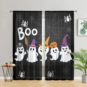 1 set of 2, Halloween ghost printed curtains, funny and terrifying pumpkin spider web design, semi transparent polyester fiber, easy to install living room and bedroom study kitchen coffee shop holiday home decoration curtains, anti privacy, easy to clean