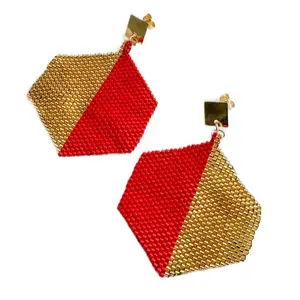 Miyuki Earrings - Gold and Red Hexagon Design