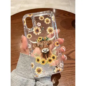 Flower 1pc Sunflower & Cow Transparent Drop Protection Shock-Absorbing TPU Phone Case Suitable For IPhone17/IPhone17 Air/IPhone17 Pro/IPhone17 Pro Max/16 Pro Max/15 Pro Max/14 Pro Max/13 Pro Max/12 Pro Max