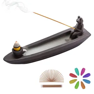 Frog Incense Holder Waterfall - Ceramic Cone Backflow Incense Burner Smoke Fountain, Back Flowing Incense Diffuser with 45 Sticks & 12 Cones, Frog Ornament for Aromatherapy/Yoga/Home Decor