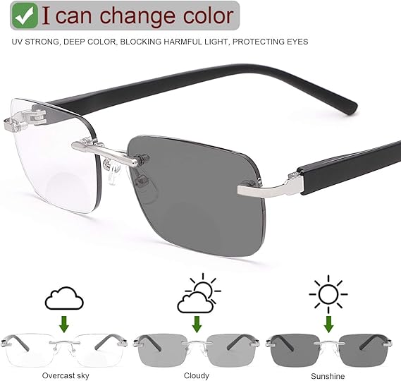 Auto-Adjusting HD Reading Glasses-Spring Hinge Rimless Sunglasses Computer Anti Blue Light UV Ray Filter Eyeglasses