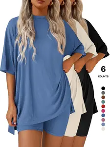 Women's Round Neck Loose Fit Short Sleeve T-Shirt, Split Thigh Design, All-Season Comfortable Top & Bottom Set