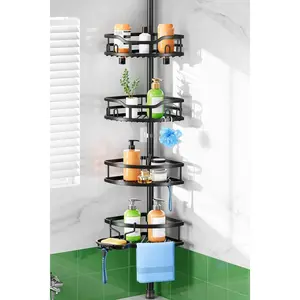 Shower Caddy Tension Pole: Rustproof Quick Install Corner Bathroom Organizer Shelf on Floor for Renters - 4-Tier Large Capacity Storage Rack with Soap Holder for Apartment