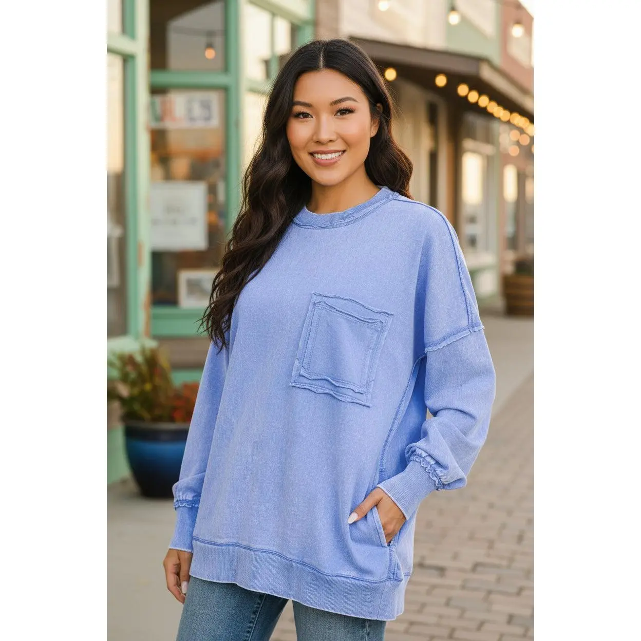 Zenana Front Pocket Acid Washed Raw Edge French Terry Pullover