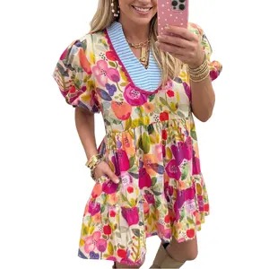 Asvivid Women's Floral Print Ricrac Trim Striped Patchwork V Neck Dress with Pockets Casual Boho Shortsleeve Summer Dresses Womenswear