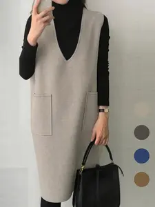 Women's Plain Split Hem V Neck Tank Dress, Casual Sleeveless Pocket for Spring & Fall, Clothing Daily Wear, Cozy, Trendy, Relaxed Fit, Classy, Loungewear, Mild Weather, Minimalist Chic, Stretchy, Garden Party