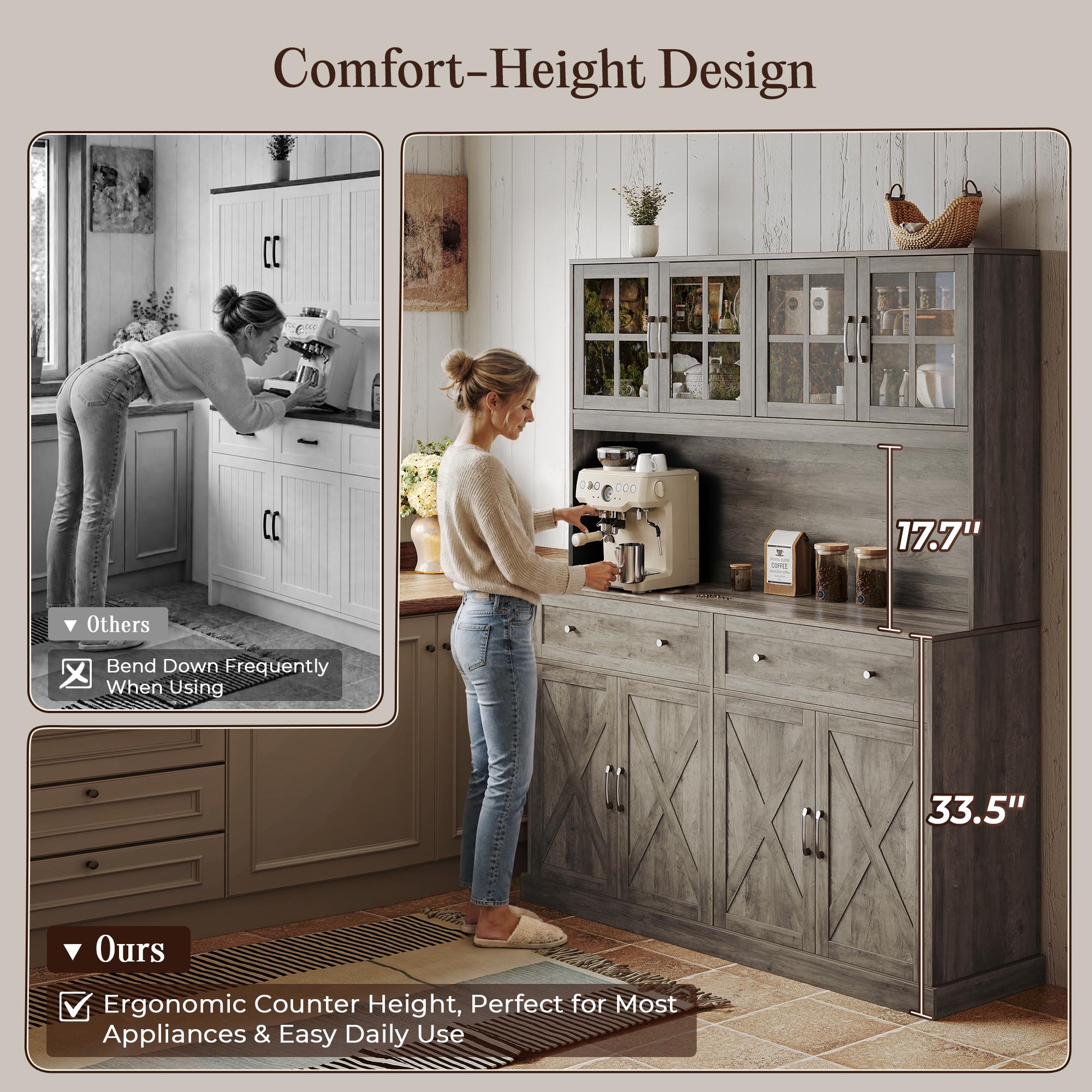 【2 Packages Shipping】PRAISUN 71''H x 55.1''W Pantry Cabinet with Charging Station, 4 Wide Cabinets Kitchen Pantry with 2 Drawers, Farmhouse Hutch Storage Cabinet, Tall Coffee Bar, Acrylic Door, Adjustable Shelves