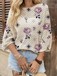 Spring & summer Bohemian Casual knit top, Womenswear, round neck, hollow-out batwing sleeves, loose fit. Purple floral & plaid patchwork print, lightweight. Great for daily, commute, vacation & beach bikini cover-up.