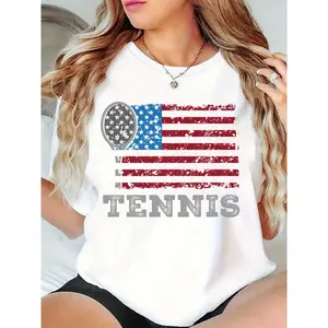 Women's Distressed US Flag Tennis T-Shirt, American Flag with Tennis Racket & Ball Graphic, Casual Sports Tee for Tennis Lovers, Ideal for 4th of July, Daily Wear, Tennis Training 100% Cotton T-shirt