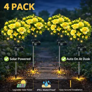 4 Pack Solar Carnation Flower Lights, Warm White LED Waterproof Garden Stake Lights, Auto Dusk to Dawn Solar Pathway Decor