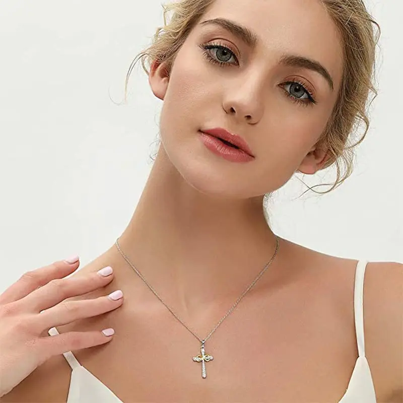 Pure S925 Sterling Silver Moissanite Diamond Cross  Necklace Infinity Pendant Religious Jewelry Christian Baptism Gift Jewelry Cross-Desig Fashion Jewelry Cubic Zirconia 925 Sterling Silver Pendant Necklace Gift for Women Girls