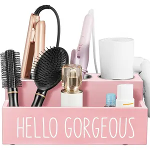 Hair Tool Organizer, Wooden Hair Dryer Holder Countertop, Wall Organizer for Hair Styling Accessories, Supplies for Curling Wand, Blow Dryer, Pink