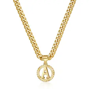 Gold Initial Necklace,14K Gold Plated Round Letter Pendant Hollow Capital Monogram 5mm Cuban Chain Necklace Alhpabets from A-Z Dainty Jewelry for Women Men