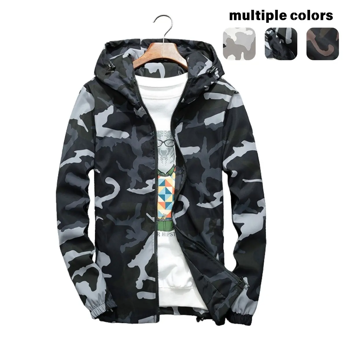Mens Camouflage Hooded Zipper Jacket - Menswear Tops, Fashion Long-Sleeve Casual Eye-Catching Outerwear