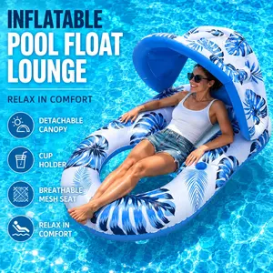 Large Inflatable Pool Lounger with Detachable sunshade canopy, Double-Hole Mesh Tub Raft with Cup Holders, Leaf print, Oversized Floating Lounge Chair for Relaxation, Heavy Duty Pool Float with Breathable Mesh Seat, for Swimming Pool, Lake and Beach