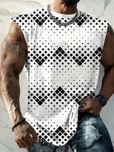 Men's Diamond Pattern Sleeveless T-Shirt, Loose Fit Casual Sports Vest, Summer Trendy Fashion Top, All over Print