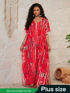 【Plus Size】 Tie Dye Print Batwing Sleeve Split Hem Tunic Dress, Chic Boho Aesthetic Casual V Neck Half Sleeve Long Dress for Summer Beach Holiday Vacation, Dresses for Women, Women's Clothes for Daily Wear