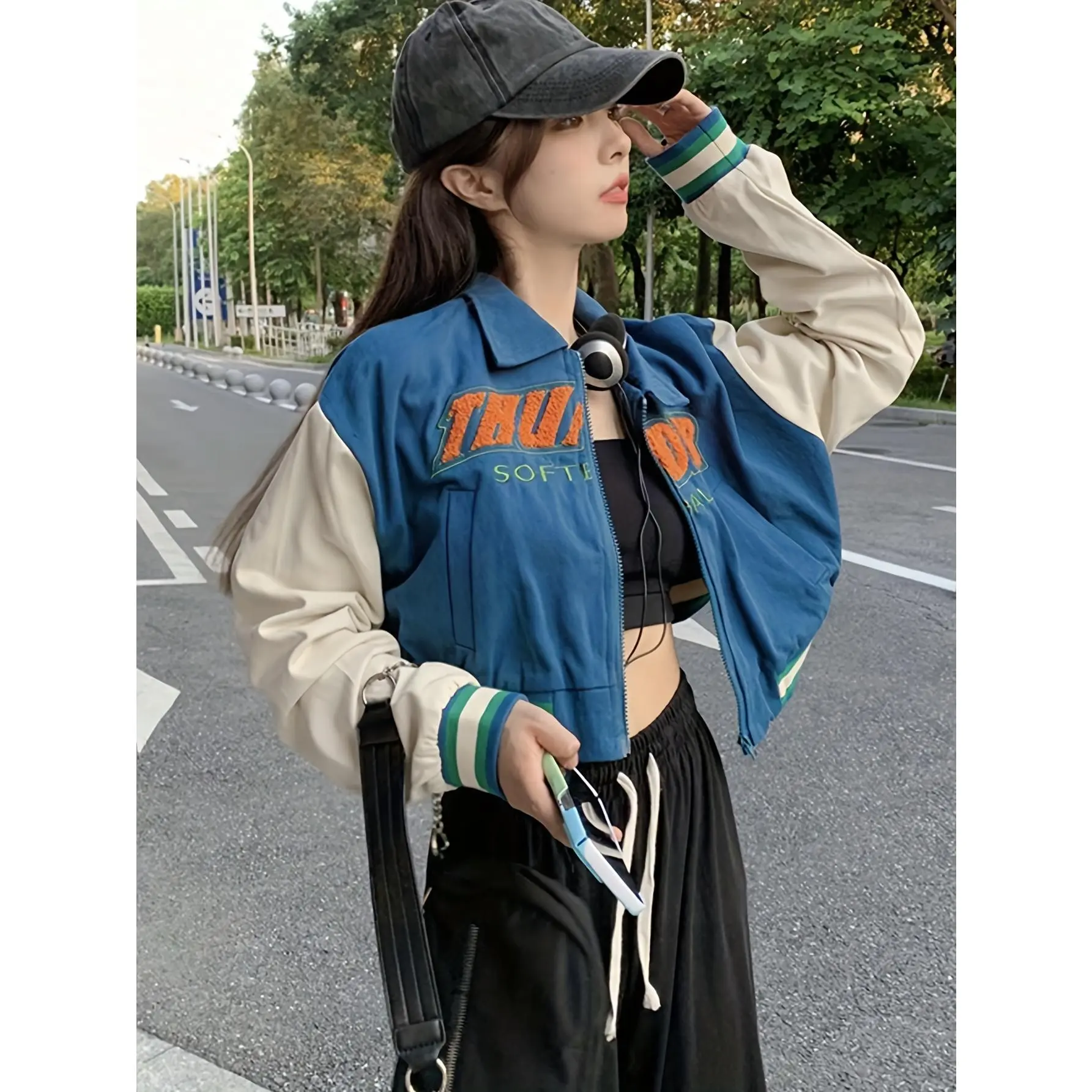 Design Sense Niche Retro American Embroidered Short Baseball Jersey Sexy Thin Jacket for Women