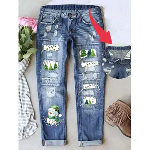 Christmas Special Snowman Fashion Print Jeans, Distressed Ripped Cat Whisker Craft, Elastic Breathable Fabric, Long Fitted Denim JeansRAIMENTRY