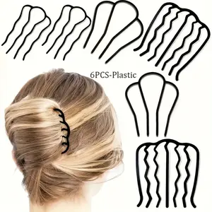 Retro Non-slip U-shaped Hair Fork Set 6-piece Set | High Elastic Plastic Hair Comb + Toothed Hair Clip | Multi-scene Hairpin Tool For Curly Straight Hair Classic Black Hair Accessories Long-lasting Styling Without Odor