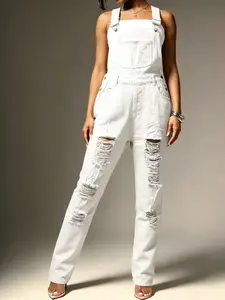 Women's Non-Stretch Denim Harem Overalls, Womenswear White Ripped Bib Pants with Adjustable Straps, Casual Loose Fit Full Length Jumpsuit, Vintage Street Style for Daily Wear, Travel, Casual Occasions, Spring Summer Fall Winter