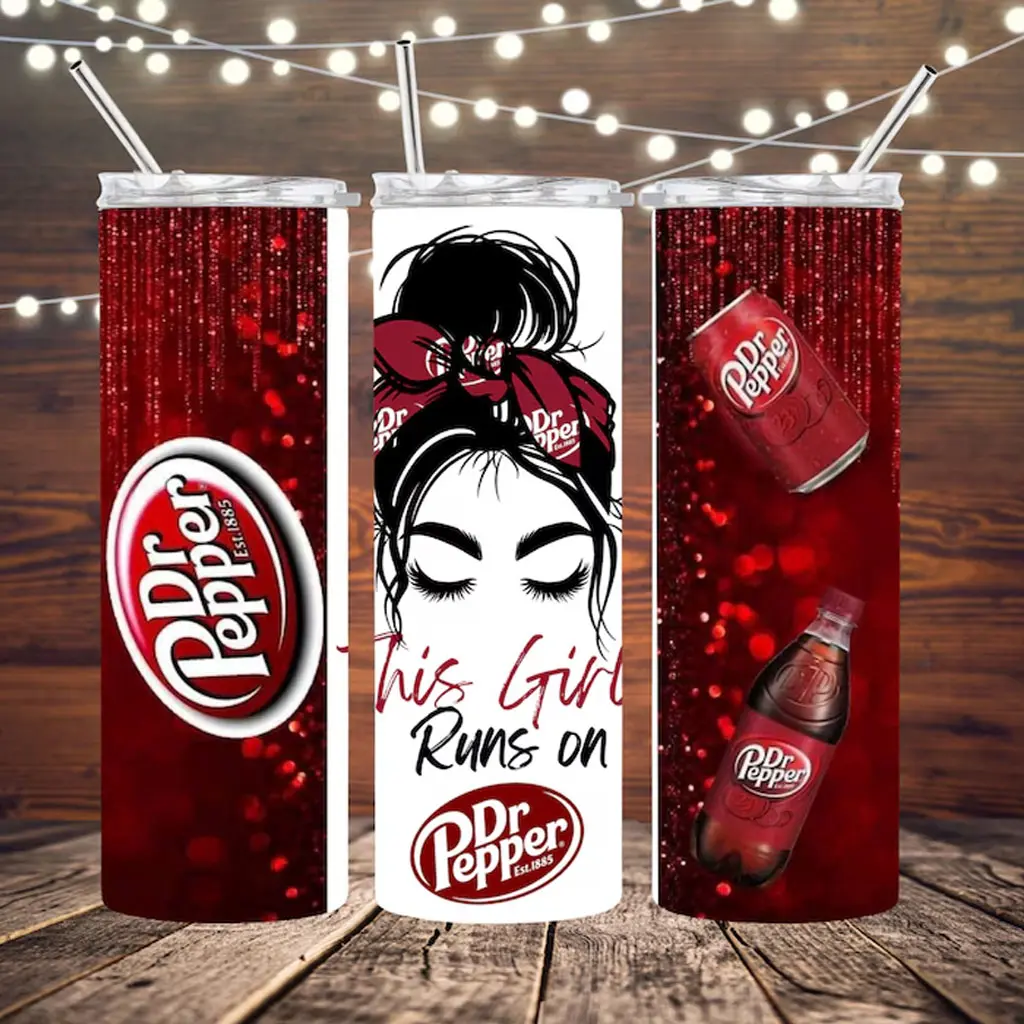Dr Pepper 20oz & 40oz Skinny Tumbler, "This Girl Runs On Dr Pepper" Stainless Steel Travel Mug, Glitter Red Insulated Cup With Straw, Cute Soda Lover Drinkware, Reusable Coffee Tumbler, Trendy Gift For Women And Collectors