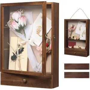 Shadow Box Frame 3" Deep, 11x16 Shadow Boxes Display Cases with Removable Shelves and Drawers, Wooden Memory Frames for Pictures, , Pet Memorial, Wedding Bouquet, Brown