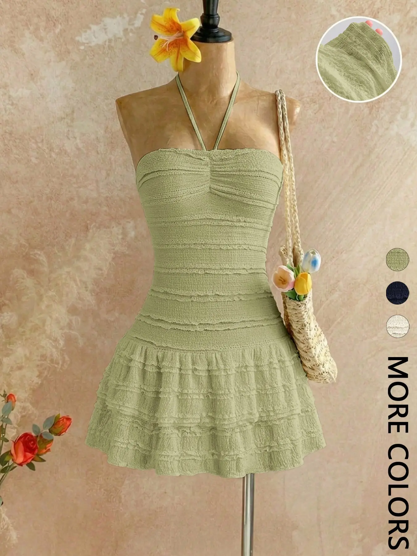 Women's Textured Smocked Mini Dress, Halter Tie Neck, Ruched Bust Detail, Multi-Layer Ruffled Tiered Hem, Stretchy Knit Fabric, Adjustable Tie Straps, Elegant Romantic Dress, Date Night, Cocktail & Vacation Wear, Sweet Romantic Style 1 Piece