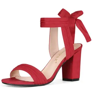 Allegra K Women's Back to College Faux Suede Open Toe Ankle Tie Back Chunky Heel Sandals Red 9