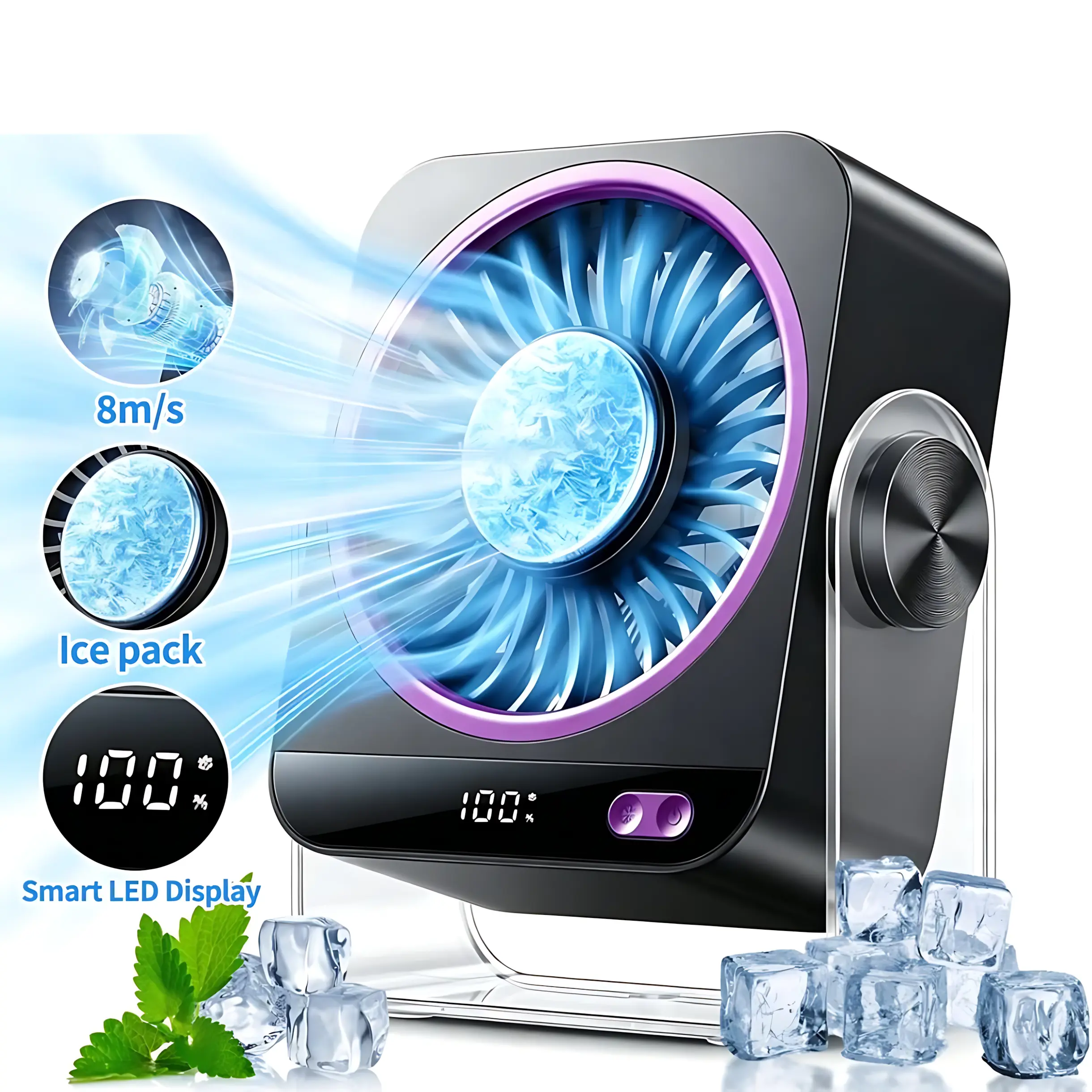 Desktop Cooling Turbo Fan - 199-Speed, 9000 RPM High-Velocity Airflow, Smart LED Display, Ultra-Quiet, USB Rechargeable Portable Unit for Home, Office, Travel