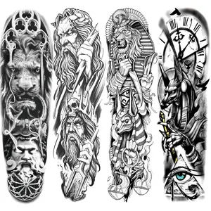 3D Gladiator Temporary Tattoos Sleeve For Men Full Arm, Large Warrior Knight Lion Fake Tattoos Sleeve Adult Women, Realistic Black Myth Temp Tatoo Sticker Arm Leg Body Art Makeup, 4-Sheet