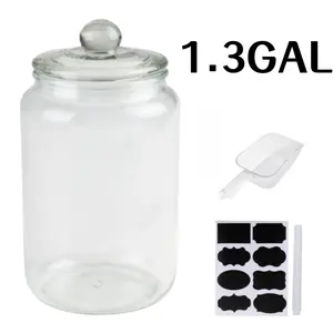 1 Piece 1.3 Gallon Round Glass Jar with Lid - Reusable Glass Food Storage Jar for Coffee Snacks Kitchen Essential with Spoon Erasable Pen & Sticker Sheet Ideal Gift for Housewives
