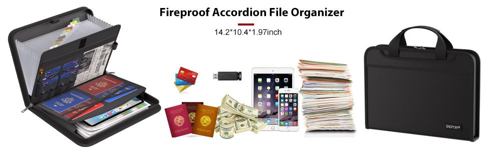 Accordion File Organizer, Fireproof Expanding File Folder with 13 Pockets Document Organizer with Handle & Labels, Portable Home Travel Safe Storage for Letter A4 Files and More, Black