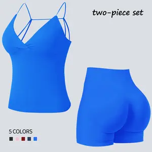 Jetjoy Workout Sets for Women 2 Piece, Gym Workout Sets for Women 2 Piece Spaghetti Strap V Neck Tank Top Hidden Scrunch Shorts athleisure Yoga Outfits Gym Tracksuit summeroutfit activewear Fitness & Casual Wear
