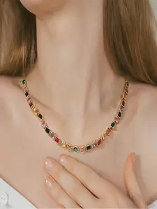 14K Gold-Plated Rainbow Tennis Necklace | Spring/Summer Dopamine-Inspired Colorful Zircon Necklace | Unisex Versatile Collar Necklace | Birthday Gift for Her