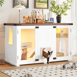 Hidden Litter Box Furniture with Odor Control, 47.25" Cat Cabinet with Smart Ventilation & LED Light, Multi-Functional Cat House with Stairs & Scratching Post for Living Room