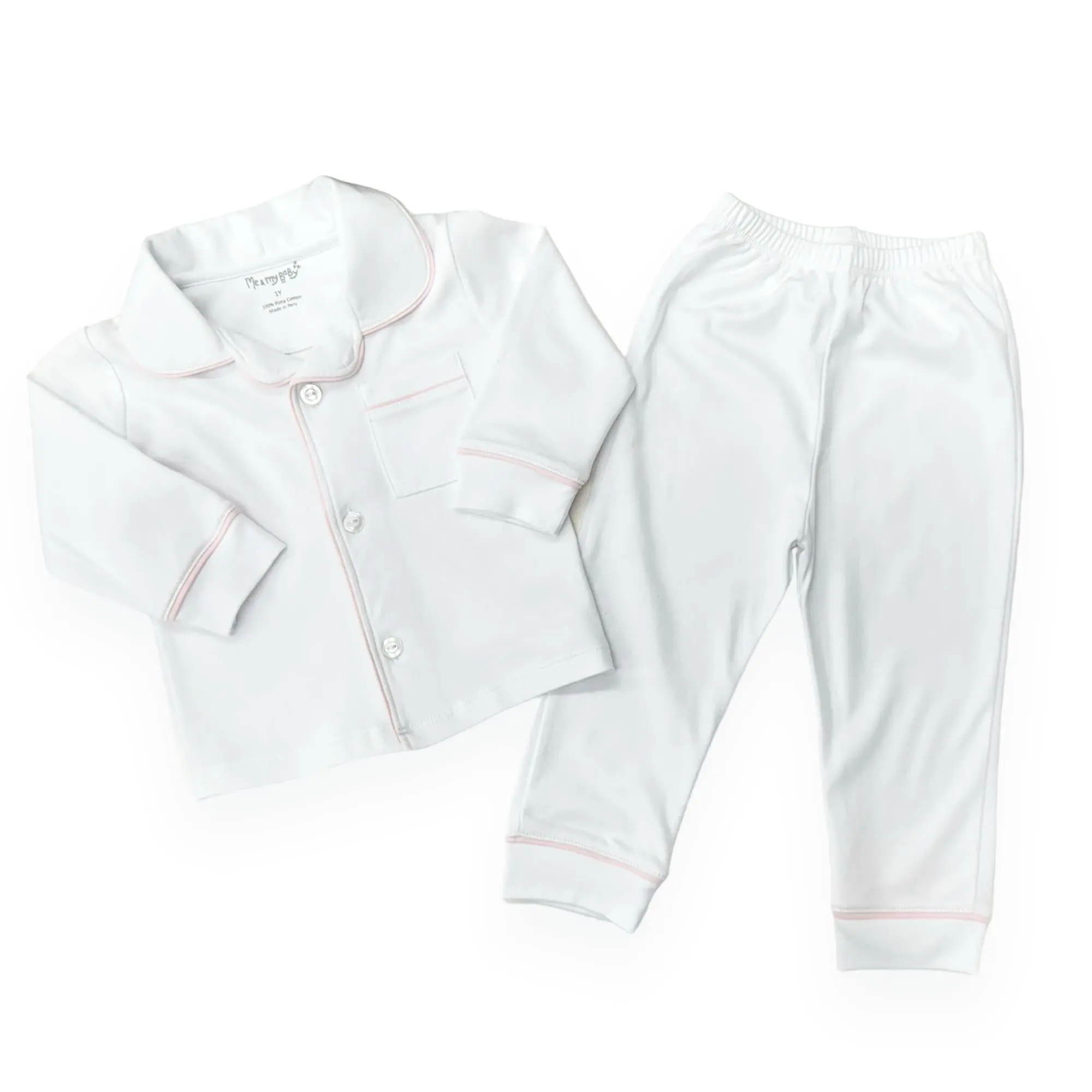 White Pajama Pink Piping Long Sleeve and Pants