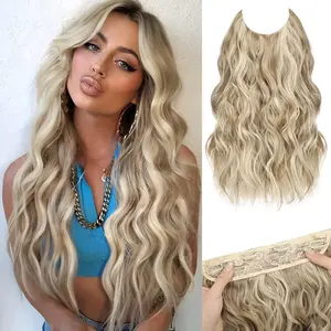 Halo Hair Extensions 20 Inch Invisible Wire Hair Extensions Long Wavy Synthetic Hairpiece with Transparent Wire Adjustable Size  4 Secure Clips for Women (Ash Blonde Mixed Light Blonde,20Inch)