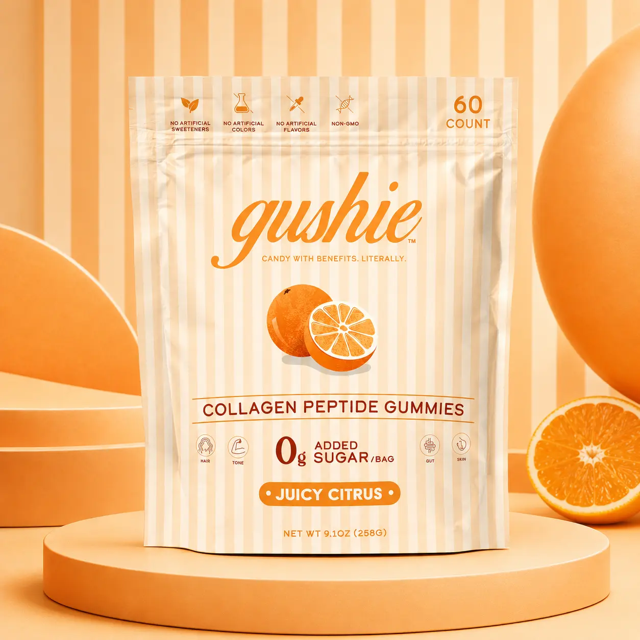 Gushie Collagen Peptide Edible Supplement Gummies - Juicy Citrus Flavor, Sugar-Free, Low-Sugar, Dairy-Free Skin Care Support for Adults’ Hair, Skin & Nails