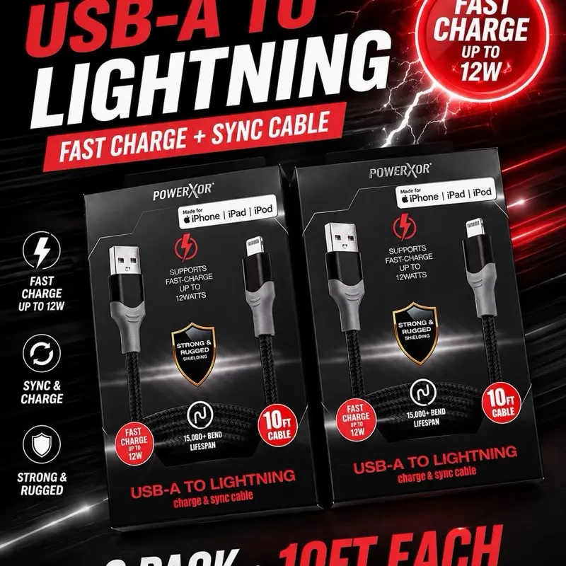 Powerxcel 2 pack USB-A TO LIGHTING CABLE 10FT
