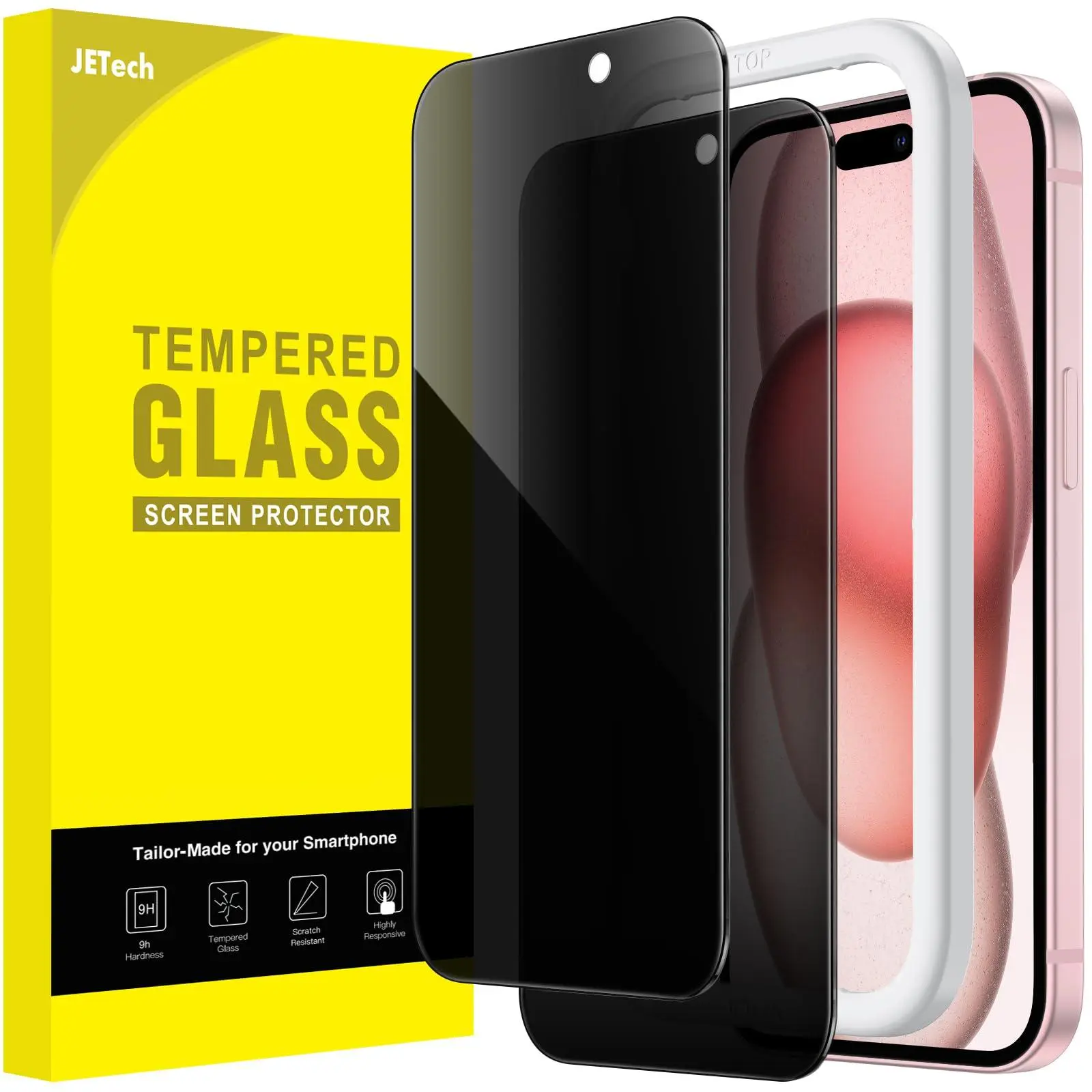 JETech Privacy Screen Protector for iPhone 15 Series, Anti-Spy Tempered Glass Film with Easy Installation Tool, 2-Pack