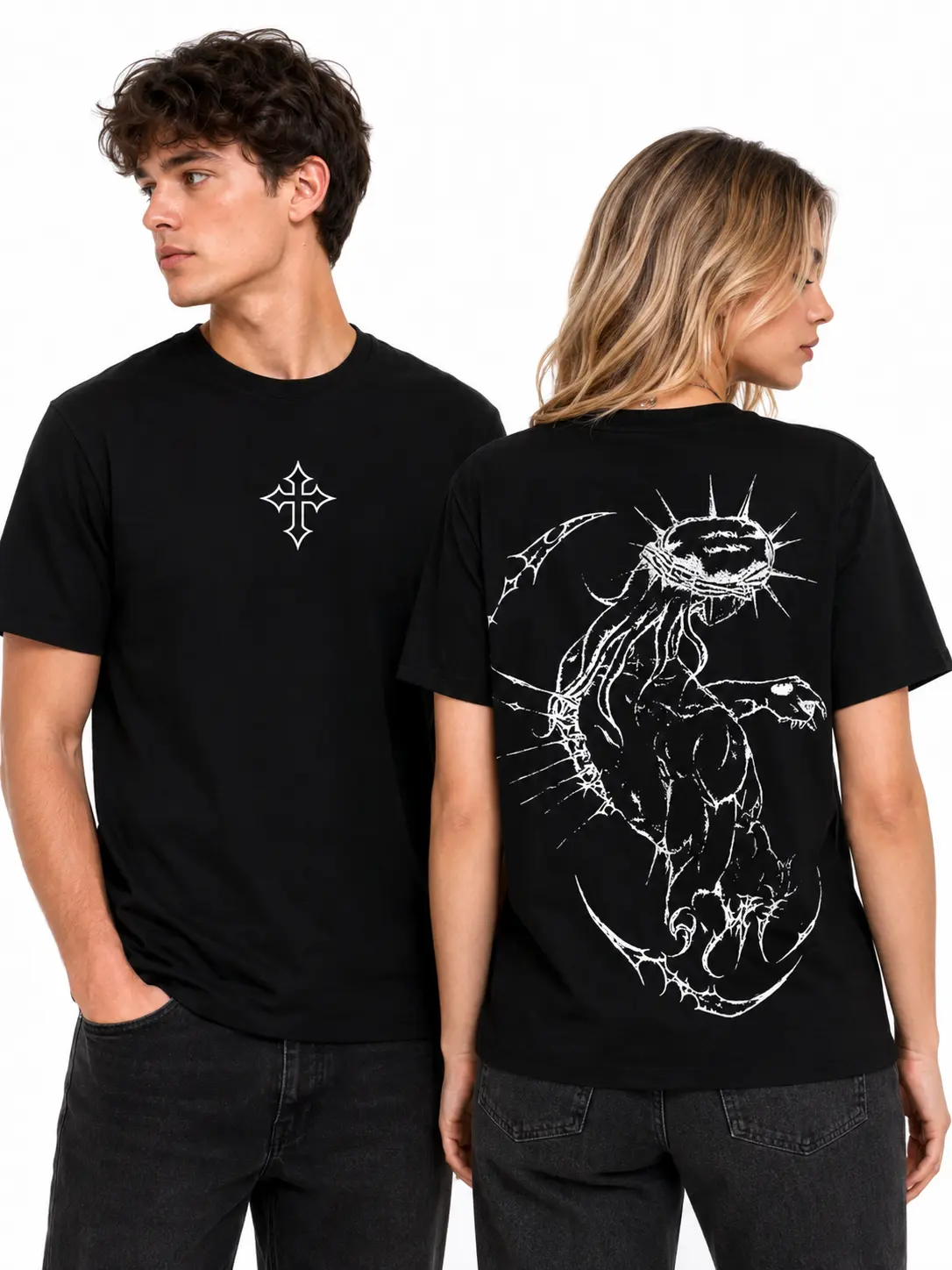 Women's Unisex Gothic Dragon Cross Graphic T-Shirt, Casual Menswear Short-Sleeve Round Neck Top, Loose Fit Vintage White Line Art Back Print Punk Streetwear Matching Couple Outfit, Shortsleeve