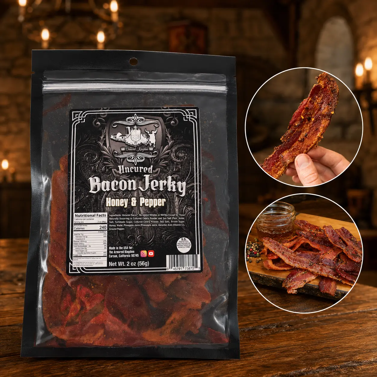 The Armored Kingdom Gourmet Honey & Black Pepper Bacon Jerky - USA Made Dried Meat Snacks - Slow-Cured Smoked Dehydrated Jerky with Honey Pepper Kick & Bold Bacon Kick - Gift-Box Ready Dried Pork Snack for Road Trips, Ambient Cupboard Storage