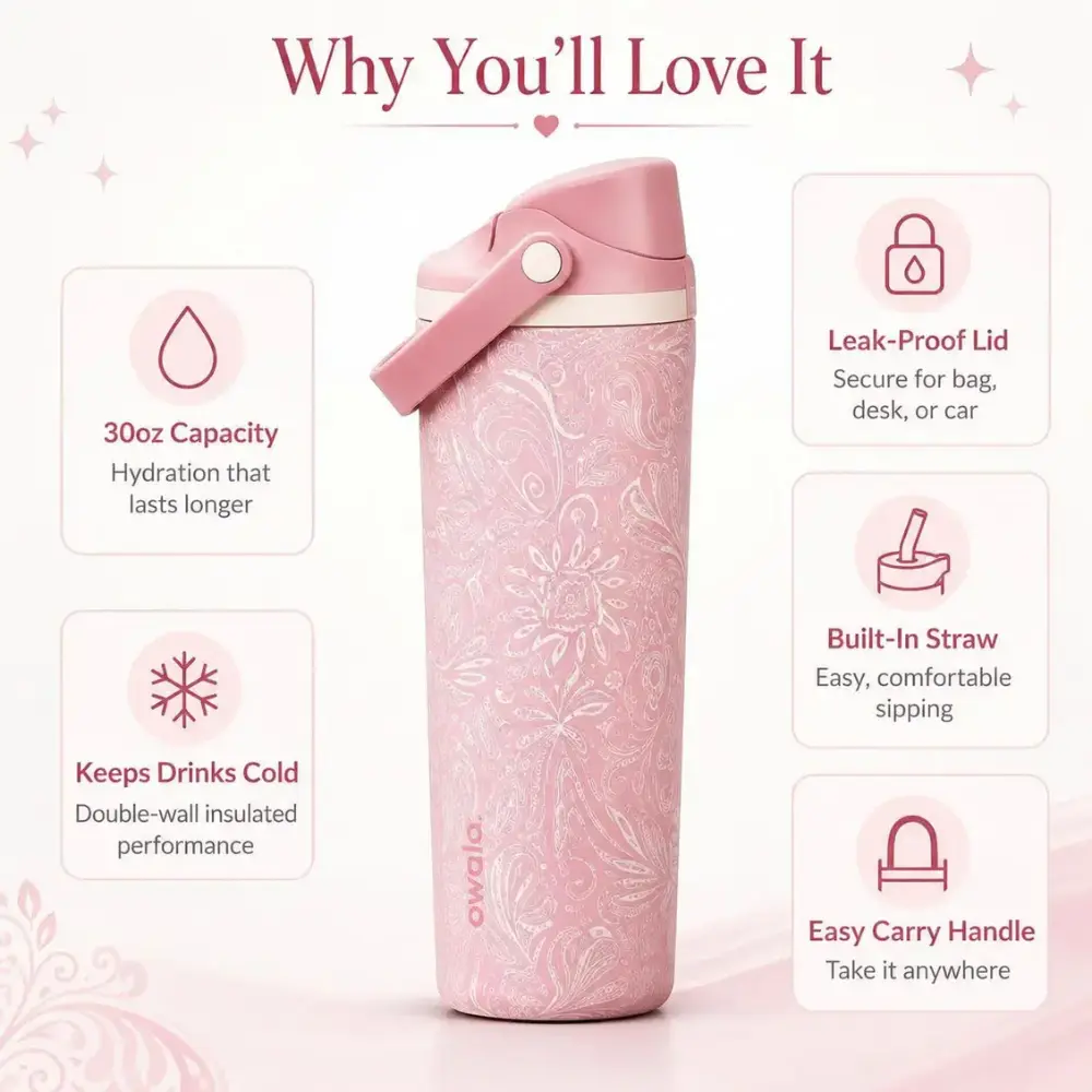 Owala Coastal Bohemian Limited-Edition Water Bottle, Drinkware, Stainless, Aesthetic, Leakproof, Portable