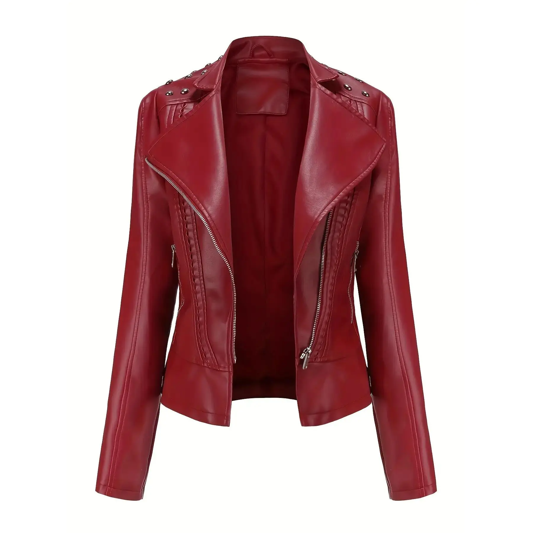 Women's Fitted Polyester Longsleeve Motorcycle Biker Jacket-Coats, Edgy Chic Lapel Collar, All-Season Outerwear, Sleek Texture Streetwear Riding Gear, Casual Plus Size Tops (Black, Red, Camel; S-2XL)