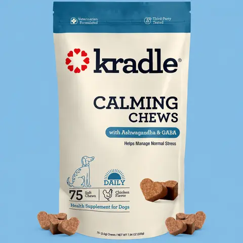 Kradle Daily Calming Chews for Anxiety and Stress, Natural Calming Supplement For Dogs, 75 Soft Chews Include L-Theanine, GABA and Ashwagandha for Managing Daily Stress and Separation Anxiety, For All Breeds & Sizes
